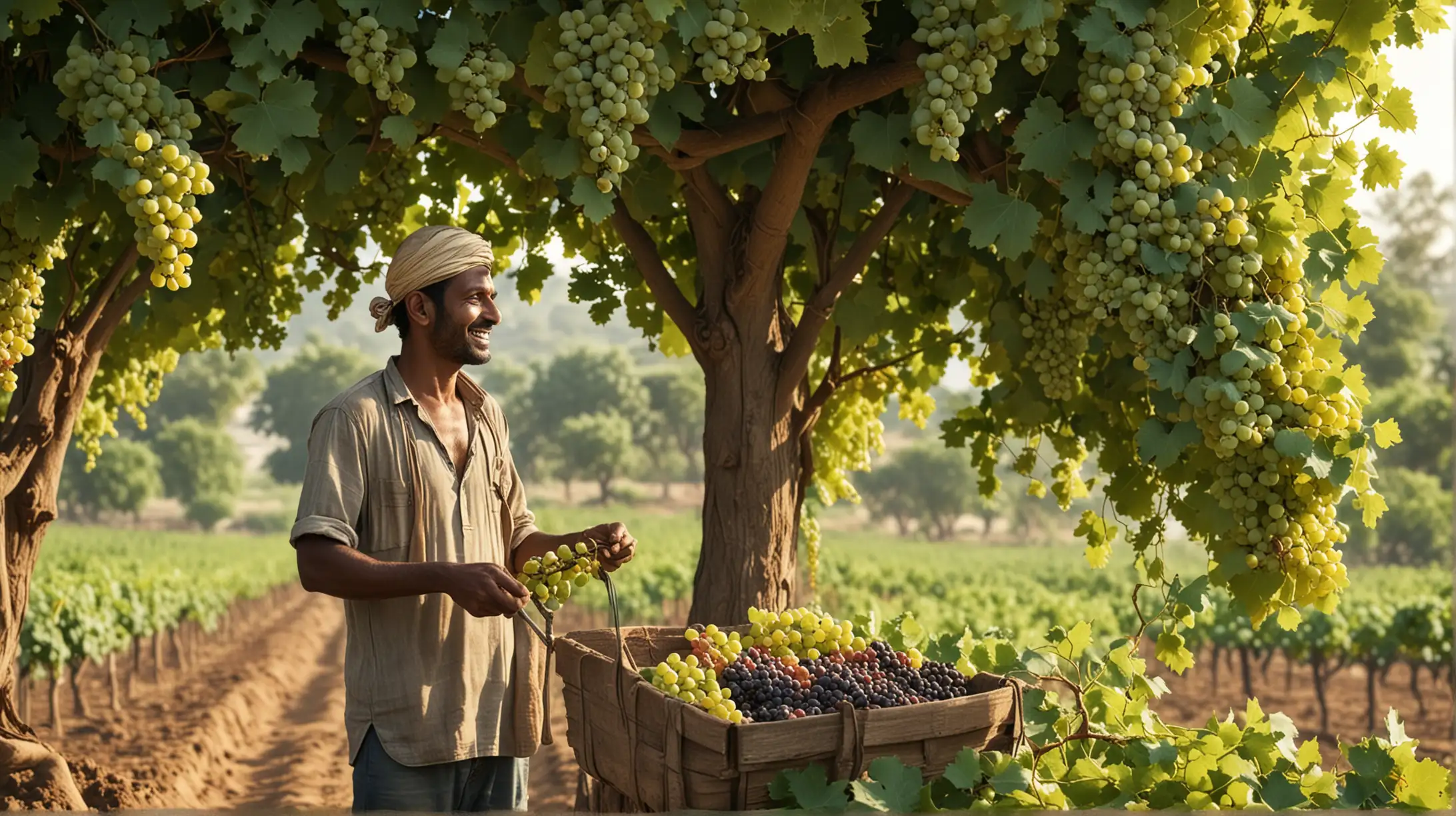 Generate series of AI images for story telling of an Indian Farmer cultivating grapes, with full canopy  depicting the following ; a happy farmer using organic products having a trouble free farming experience showing application of fertilizer and bumber harvest