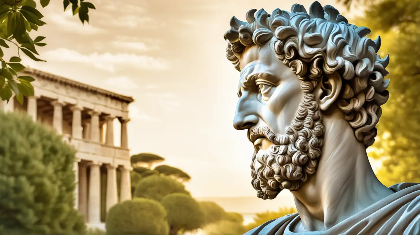"Create an atmospheric digital painting depicting a half-body statue of Marcus Aurelius outside a beautiful nature setting. The background should be enveloped in sun, with a beach from Greece and green trees in the background. Capture the essence of ancient wisdom and stoicism in the dimly lit ambiance, bringing out the details of the statue while maintaining an overall upbeat and 
Positive tone."