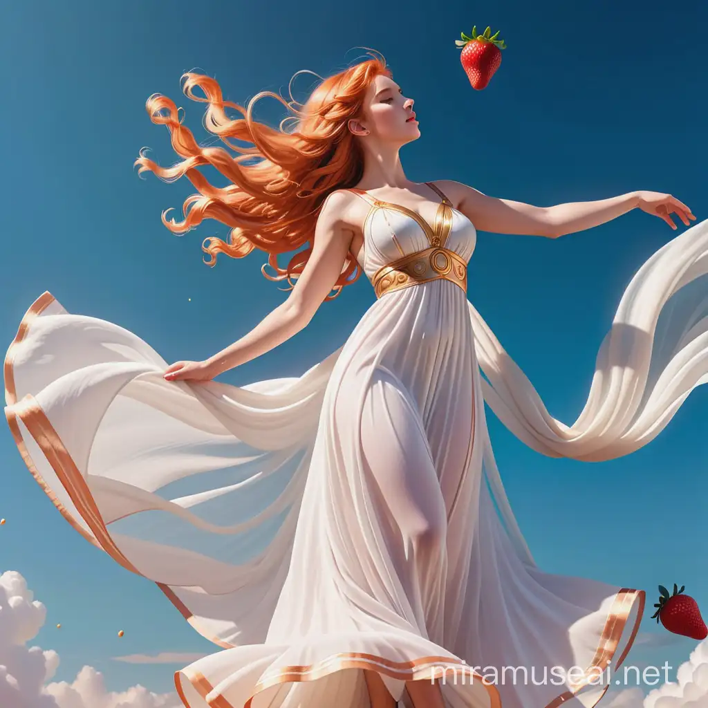beautiful Goddess Athena with glowing skin and strawberry blond hair in a long flowy white dress and floating in the air