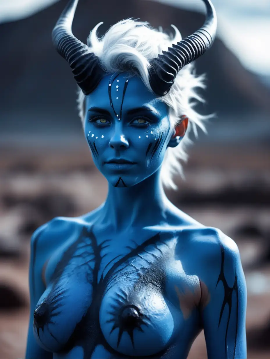 Beautiful Nordic woman, as a blue female mutant, entire body is covered in blue body paint, very attractive face, detailed eyes, big breasts, spikes growing out of her shoulders, horns on , dark eye shadow, messy white hair, close up, bokeh background, soft light on face, rim lighting, facing away from camera, looking back over her shoulder, standing in front of an odd alien landscape, photorealistic, very high detail, extra wide photo, full body photo, aerial photo