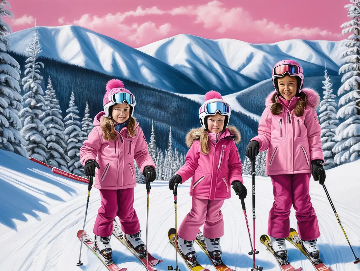 created an artwork based on sun peaks Canada ski resort with 3 young girls dressed in pink skiing 