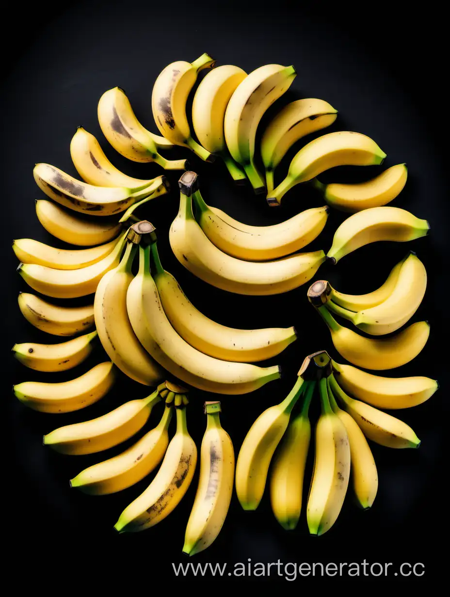  bananas in circle on black background WITH leaf