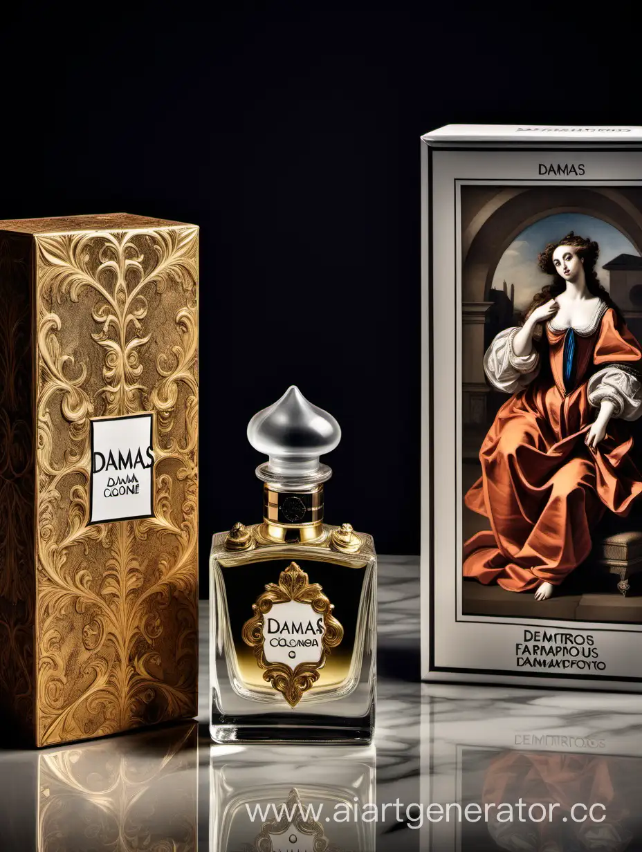 a bottle of damas cologne sitting next to a box, a flemish Baroque by Demetrios Farmakopoulos, instagram contest winner, dau-al-set, dynamic composition, contest winner, feminine