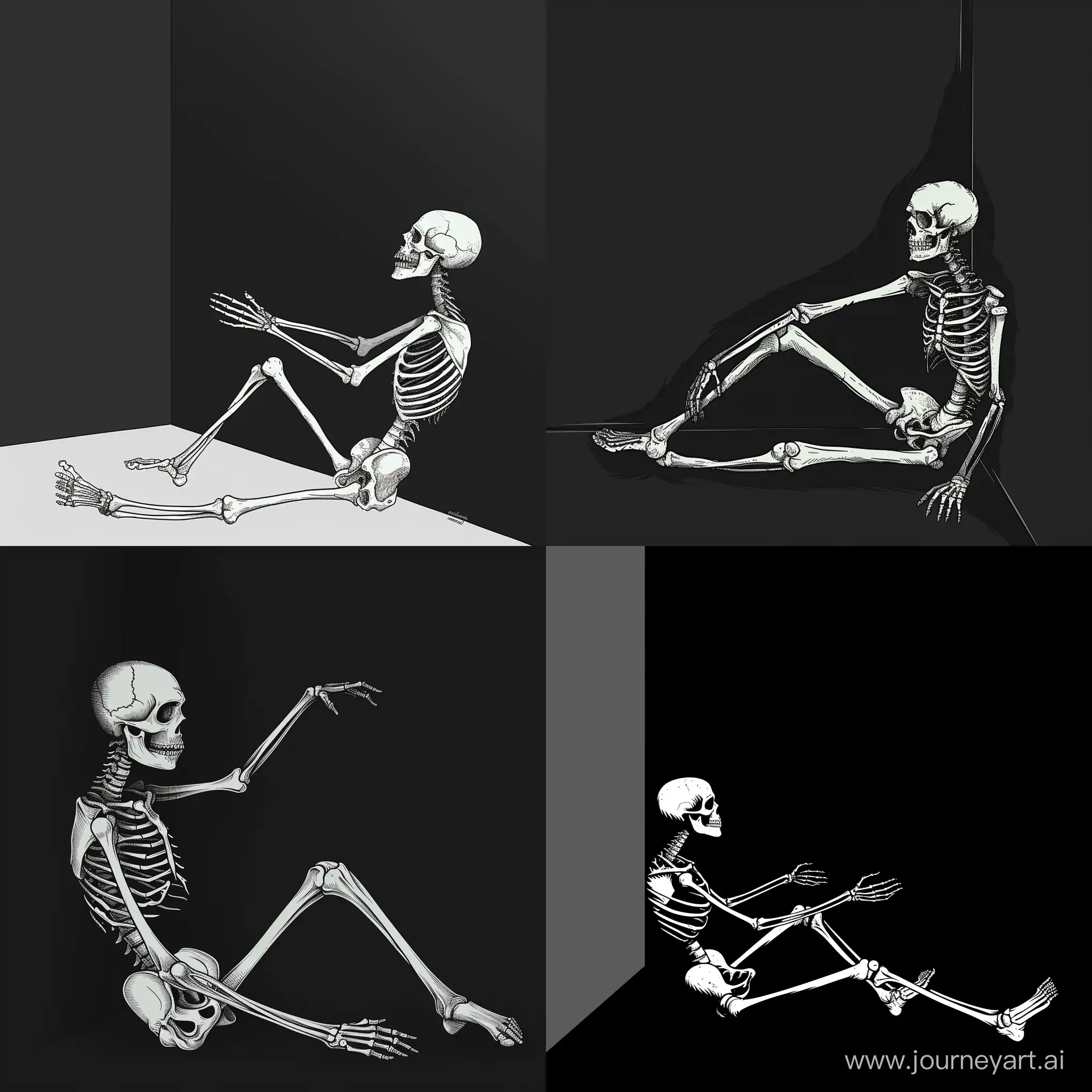 logo, minimalistic, deadman in full length who sits on the invisible floor, leaning against the wall, no escape, sad, side view, pinned in a corner, huddled in a corner out of fear, afraid and stretches out his hands, bones, skeleton, black background