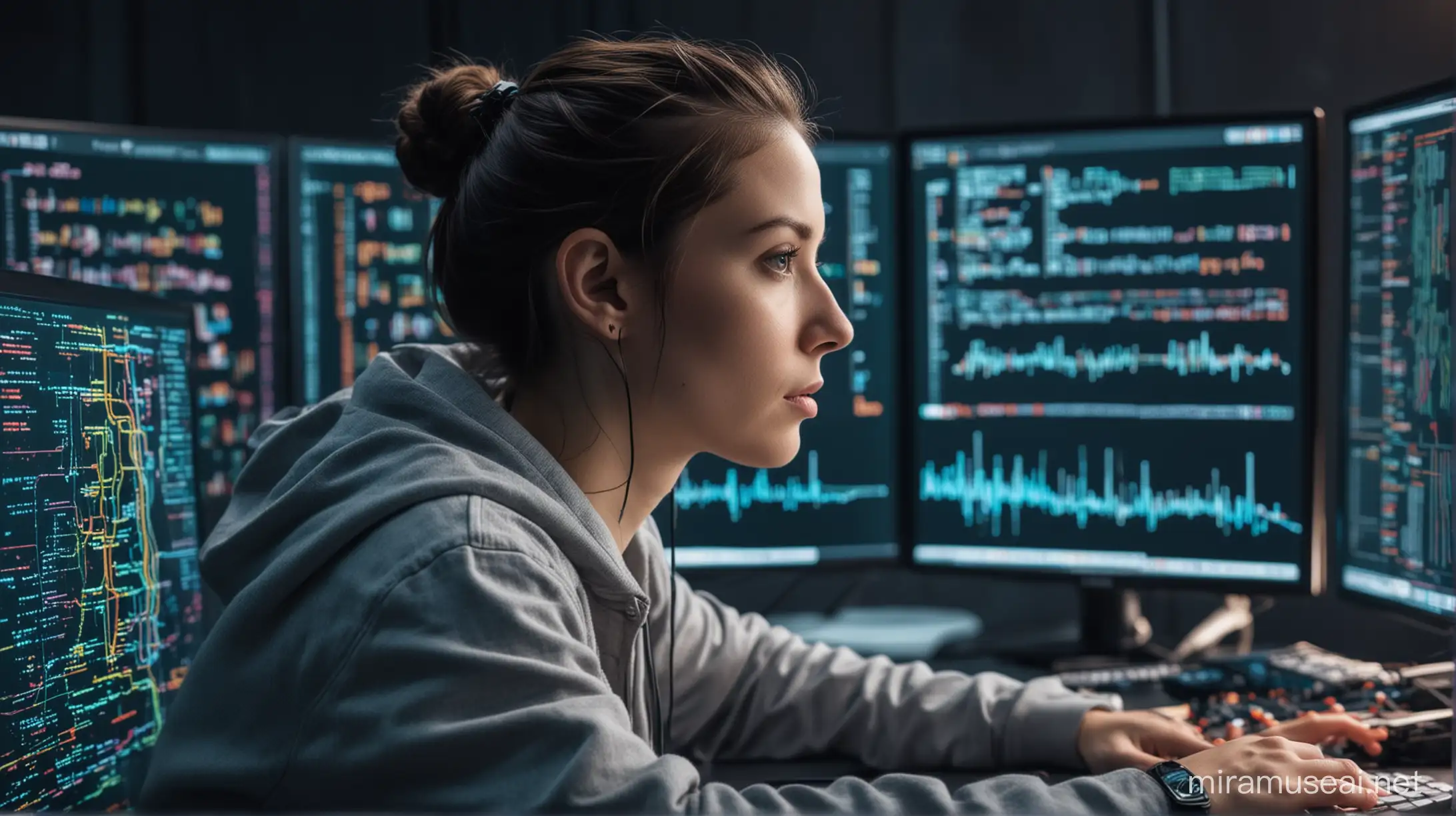  An AI programmer engrossed in coding, surrounded by monitors displaying lines of code and data visualizations, with vibrant Python logos in the background symbolizing the language's influence, Photography, realistic style, using a 50mm prime lens, --ar 16:9