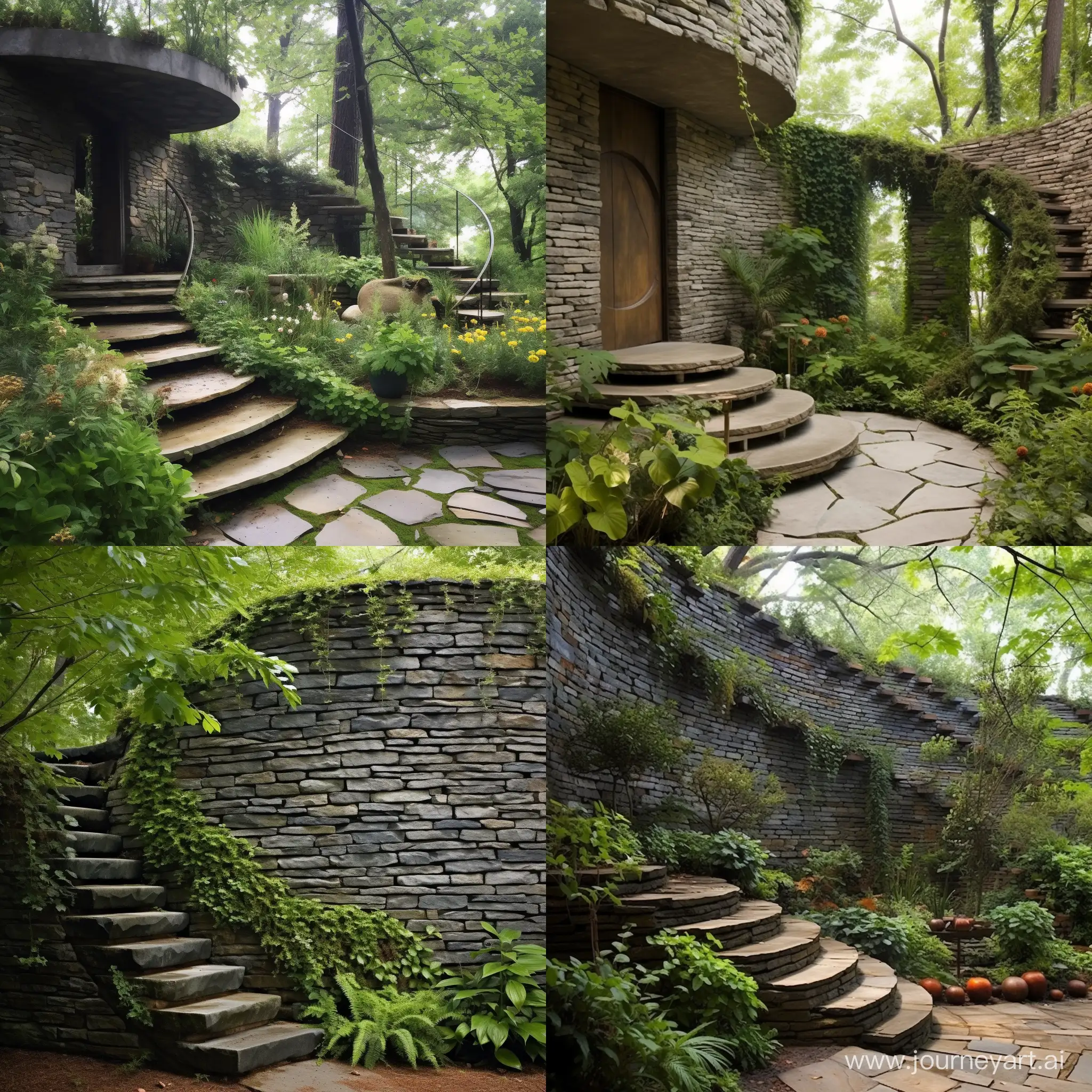 Enchanting-Circular-Tower-Staircase-Alongside-a-Garden-Stone-Wall
