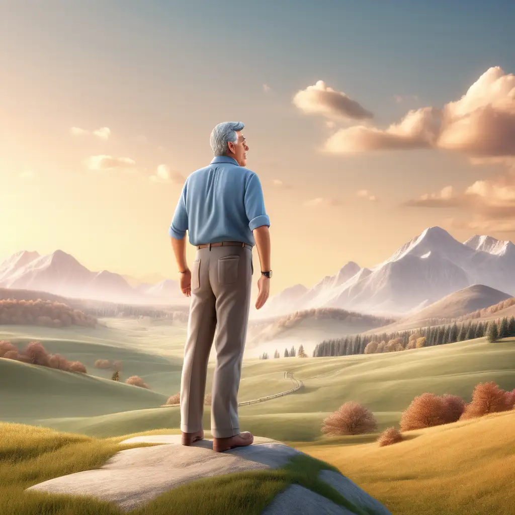 Create a 3D illustrator of an animated image of a middle aged man standing on a beautiful landscape as an example of perseverance. Beautiful spirited background illustrations.