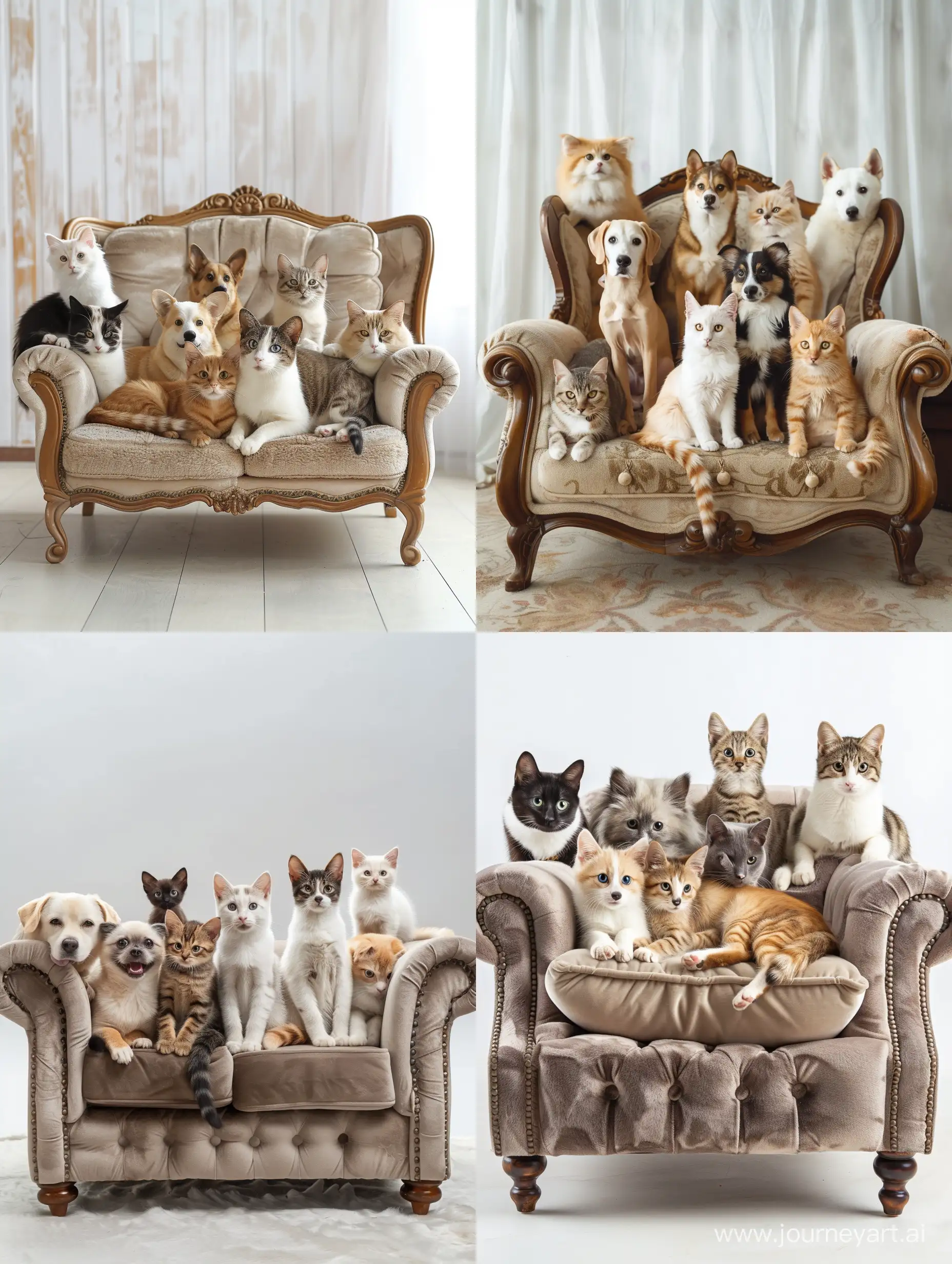 милые собачки и кошки сидят на мягком диване и кресле