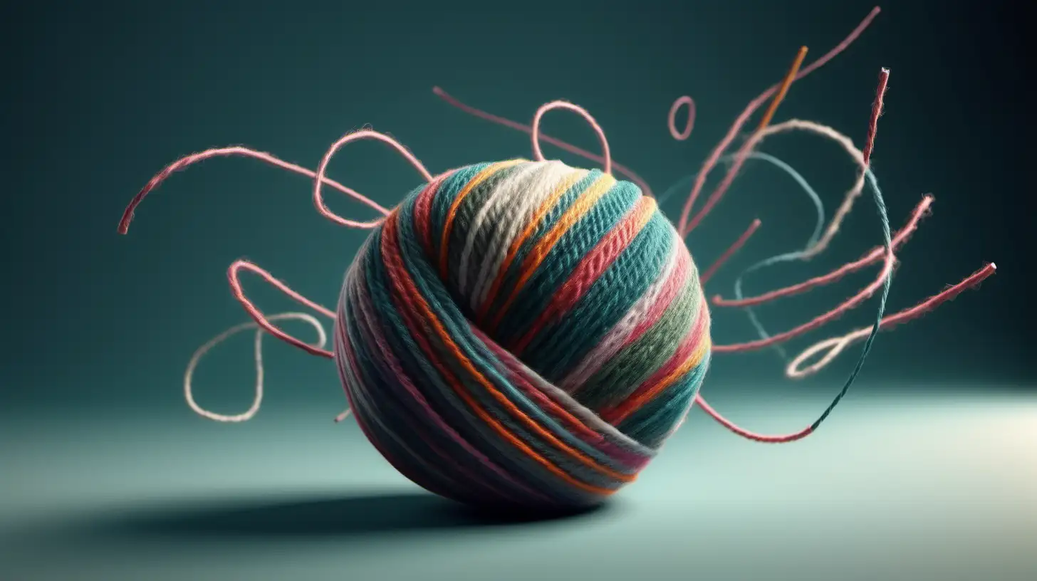  isolated fuzzy, Woolen thread ball with serpentine thread, thread floating in 3d perspective, realistic, curvy, lots of yarn threads flying all over and coming at you