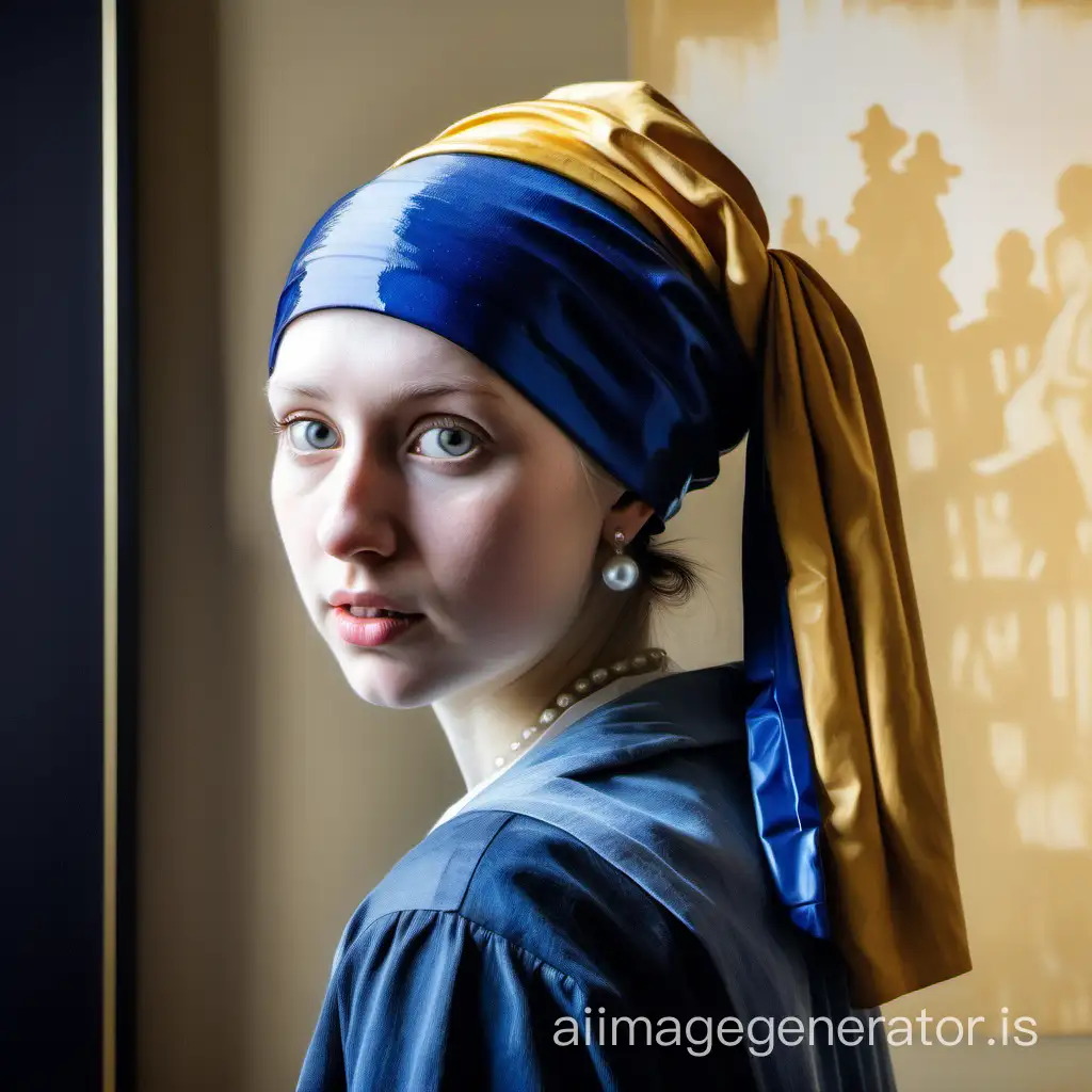 Girl with a pearl earring standing in front of her famous portrait painting on the wall, close up, by Johannes Vermeer watercolors style