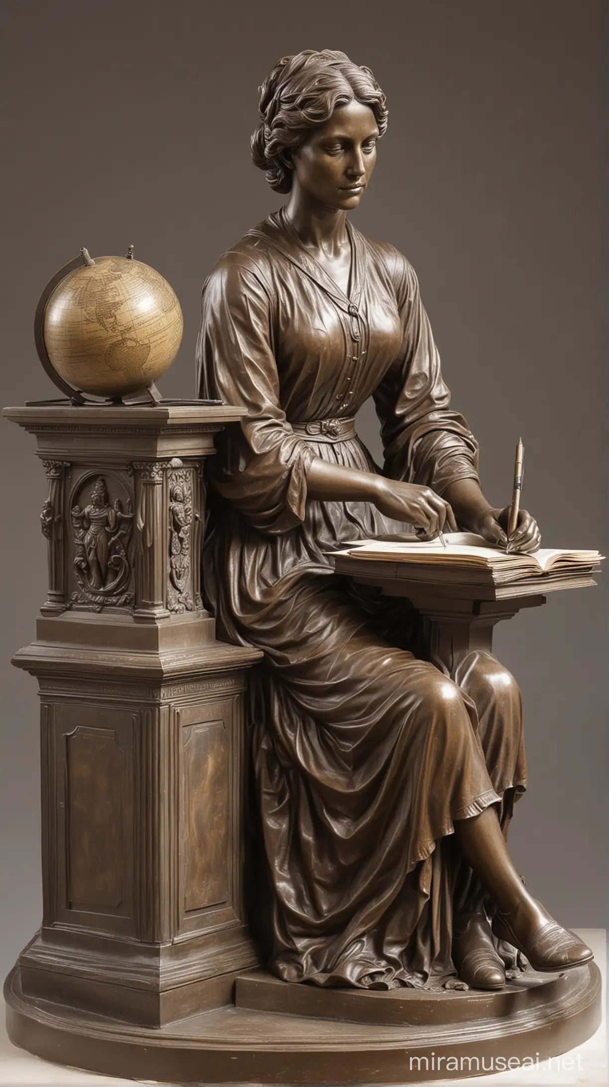 нарисуй бронзовый памятник первой учительнице женщине,  она сидит за столом, перед ней стоит глобус  и лежит несколько книг, в руке у неё авторучка, памятник изображен на пьедестале в трёх ракурсах- анфас, профиль, вид сзади