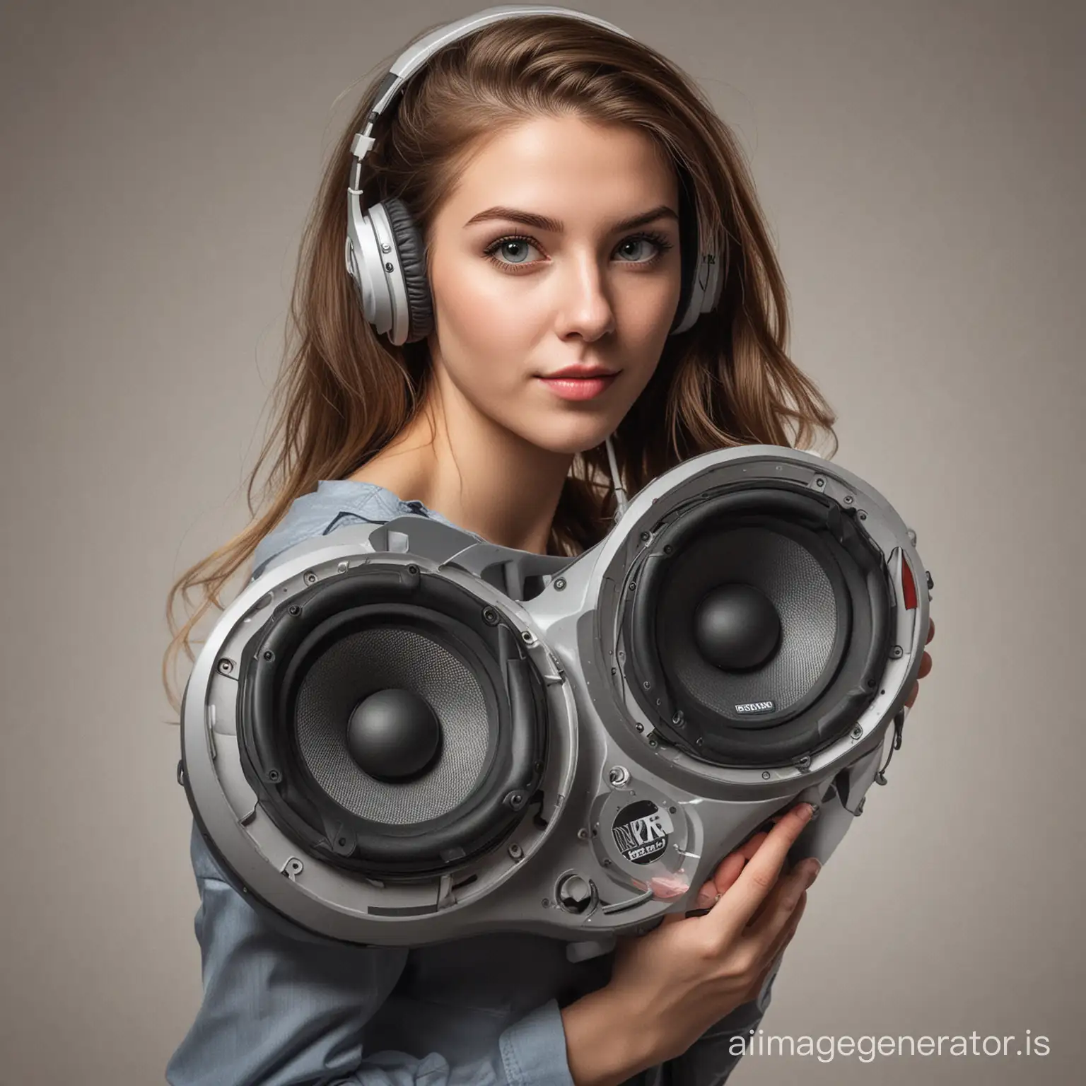 Cheerful Speaker Girl at Microphone with Audience | AI Image Generator