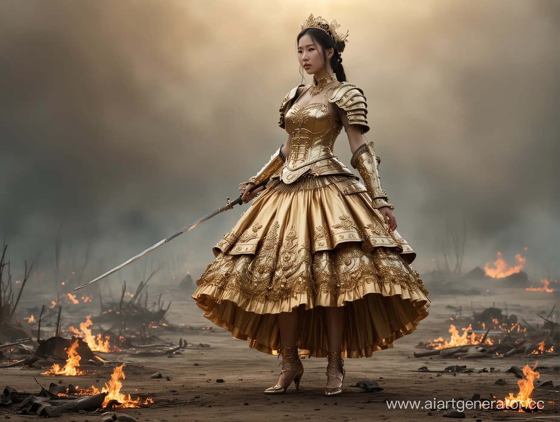 Warrior-Woman-Miao-Ying-in-Golden-Steel-Armor-on-Flaming-Battlefield