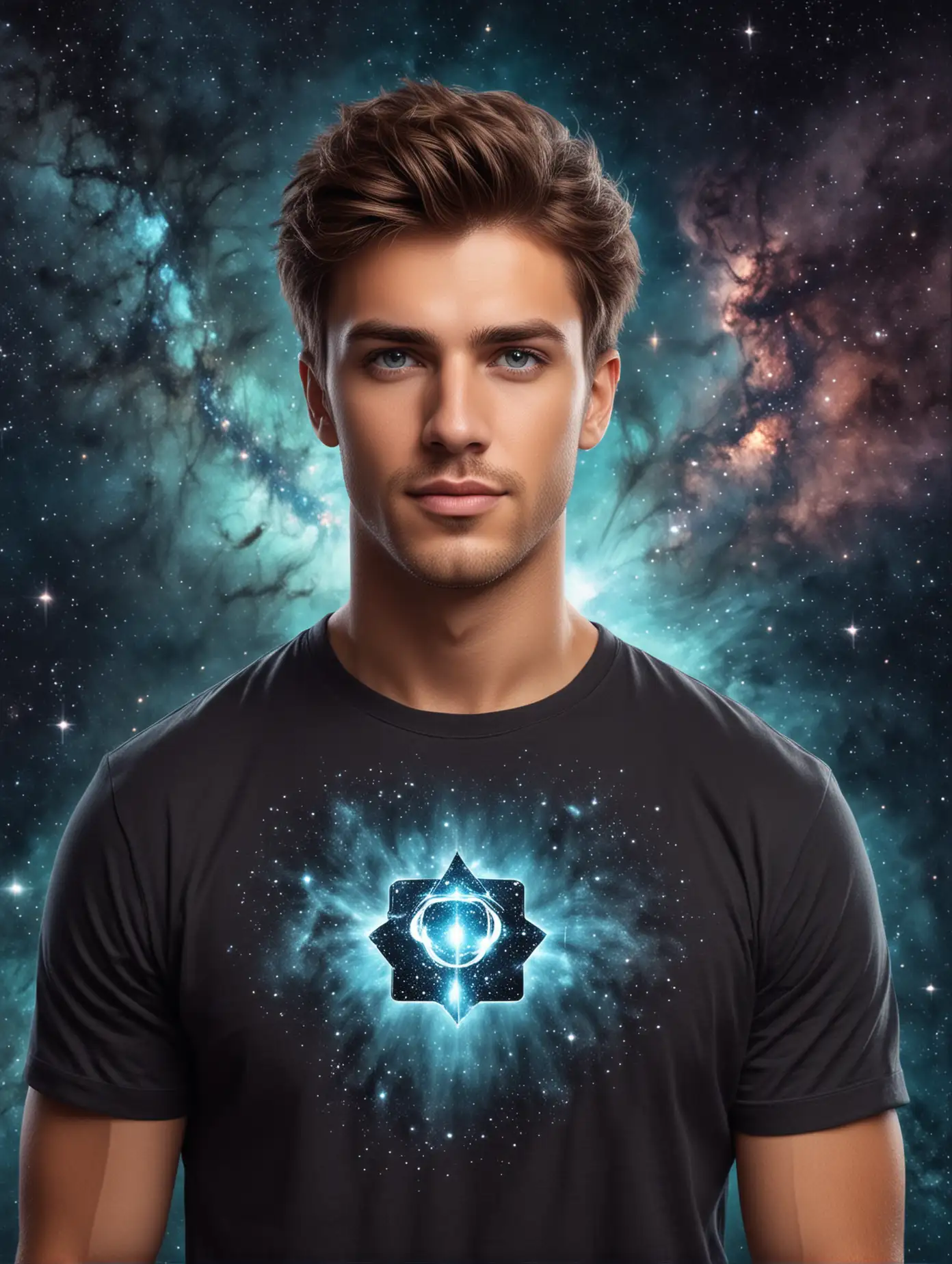 A handsome man with brown hair and aquamarine eyes, he wears a t-shirt with the symbol of The All on it, background is a space nebula with stars, portrait, front view, in the style of photorealistic