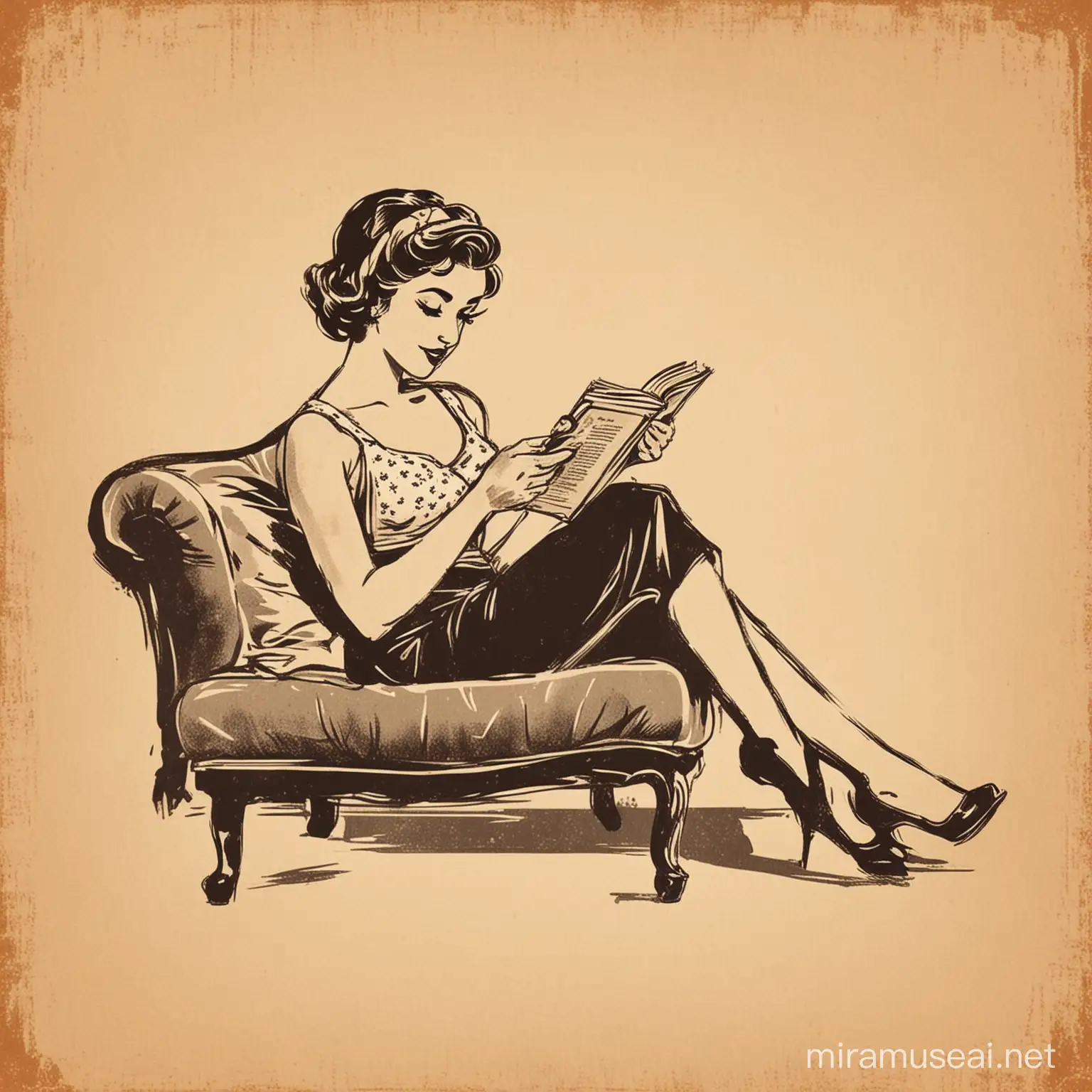 Vintage Minimalist Stencil Art Poster Featuring Relaxing Pinup Lady Reading