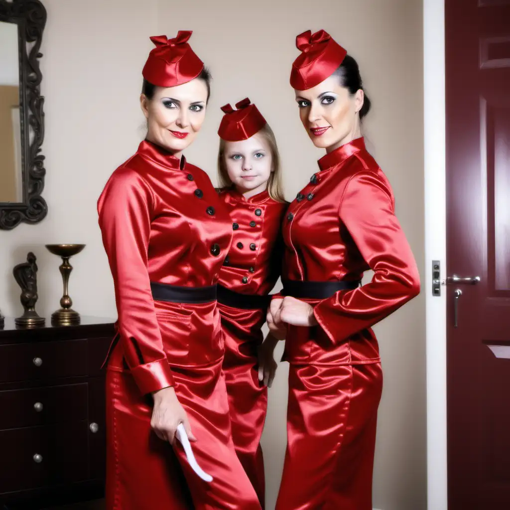 litle sisters daughter domestic servants in red satin uniforms and their milf mistress