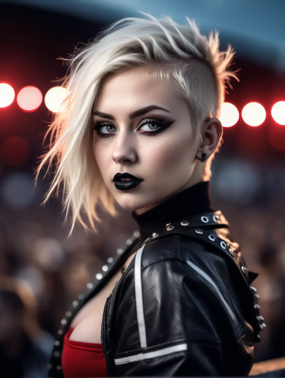 Beautiful Nordic woman, very attractive face, detailed eyes, big breasts, slim body, dark eye shadow, black lipstick, long messy blonde hair with a  buzz cut on one side, wearing an edgy Red  white and black punk alternative outfit, close up, bokeh background, soft light on face, rim lighting, facing away from camera, looking back over her shoulder, sitting on the bleachers in front of a huge outdoor music concert, photorealistic, very high detail, extra wide photo, full body photo, aerial photo