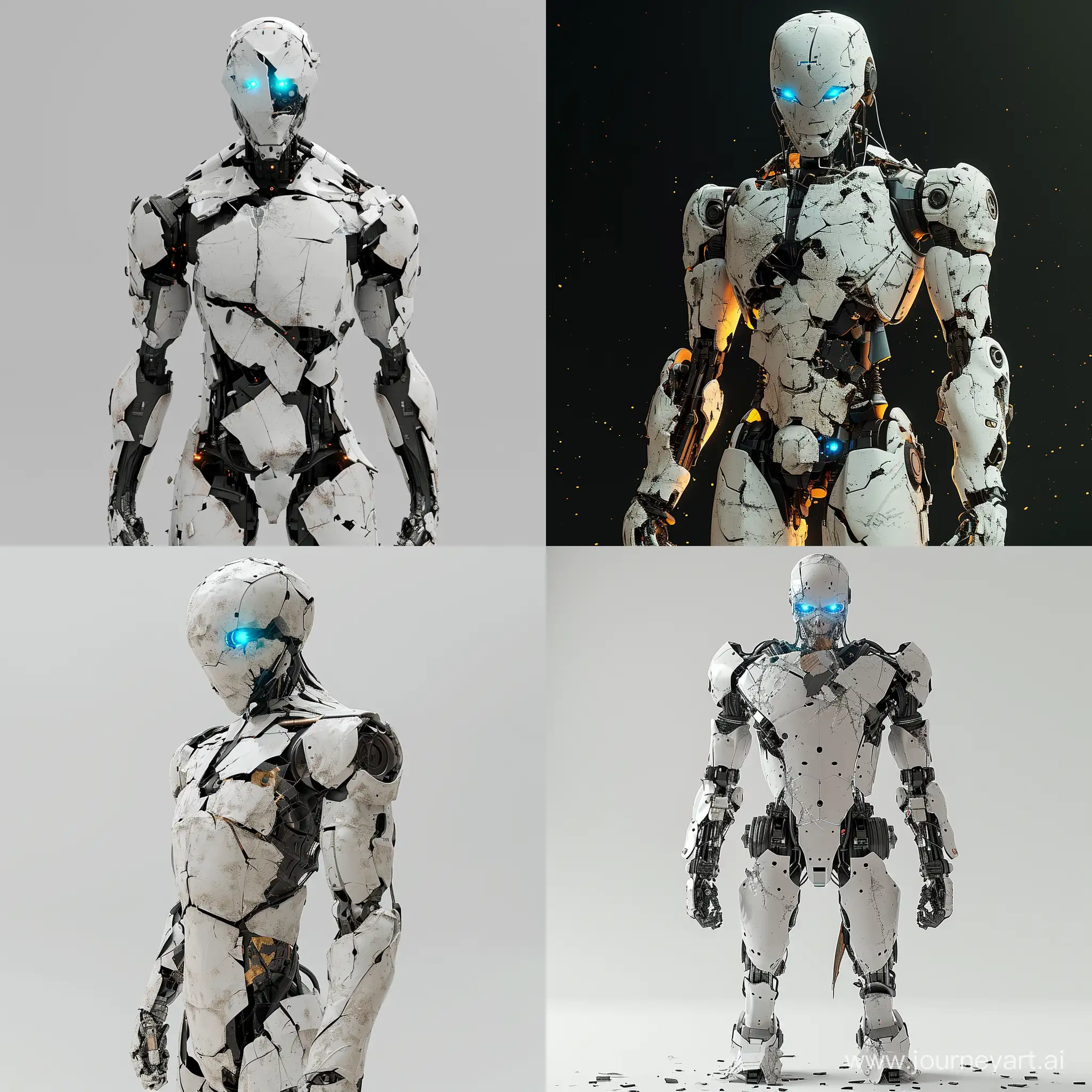 Робот стоит в полный рост со светящимися голубыми глазами, робот сломанный, поломанный робот, стоит в интересной необычной позе, 8K, V-ray, realism, --s 150