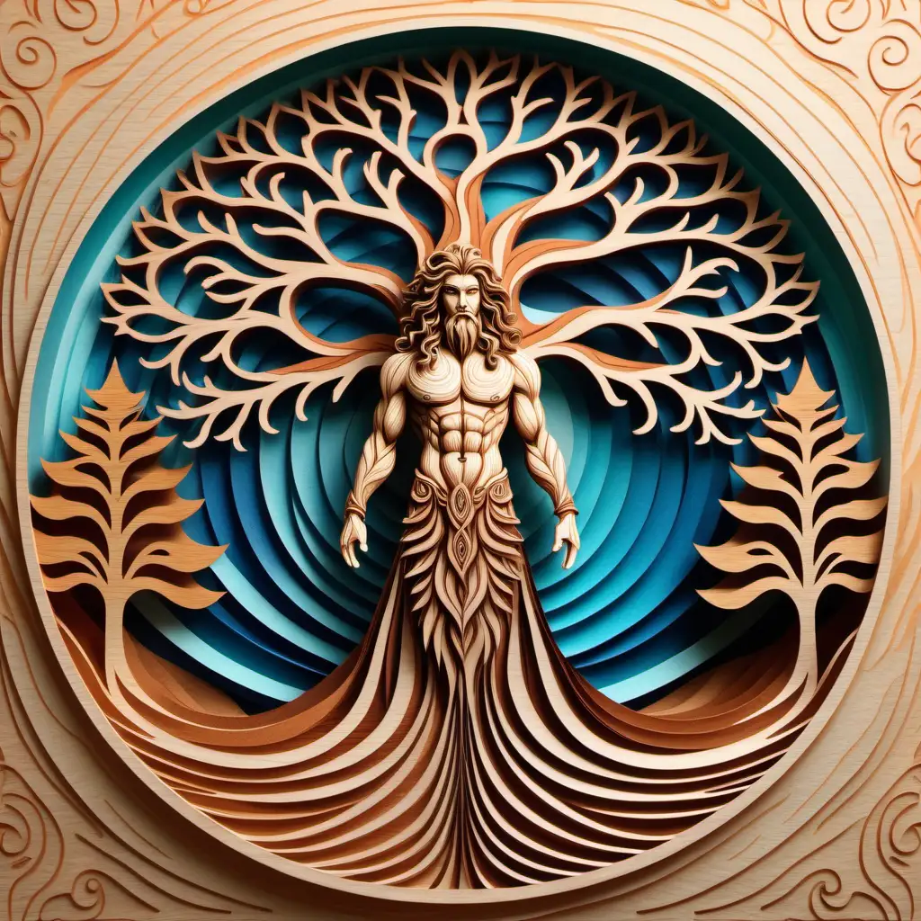 Poseiden dressed in flowing clothes with long curly hair beside a majestic realistic tree showing wood grain, multilayered cut, wood grained color, symmetrical design, mandala, paper cut, animals flying 