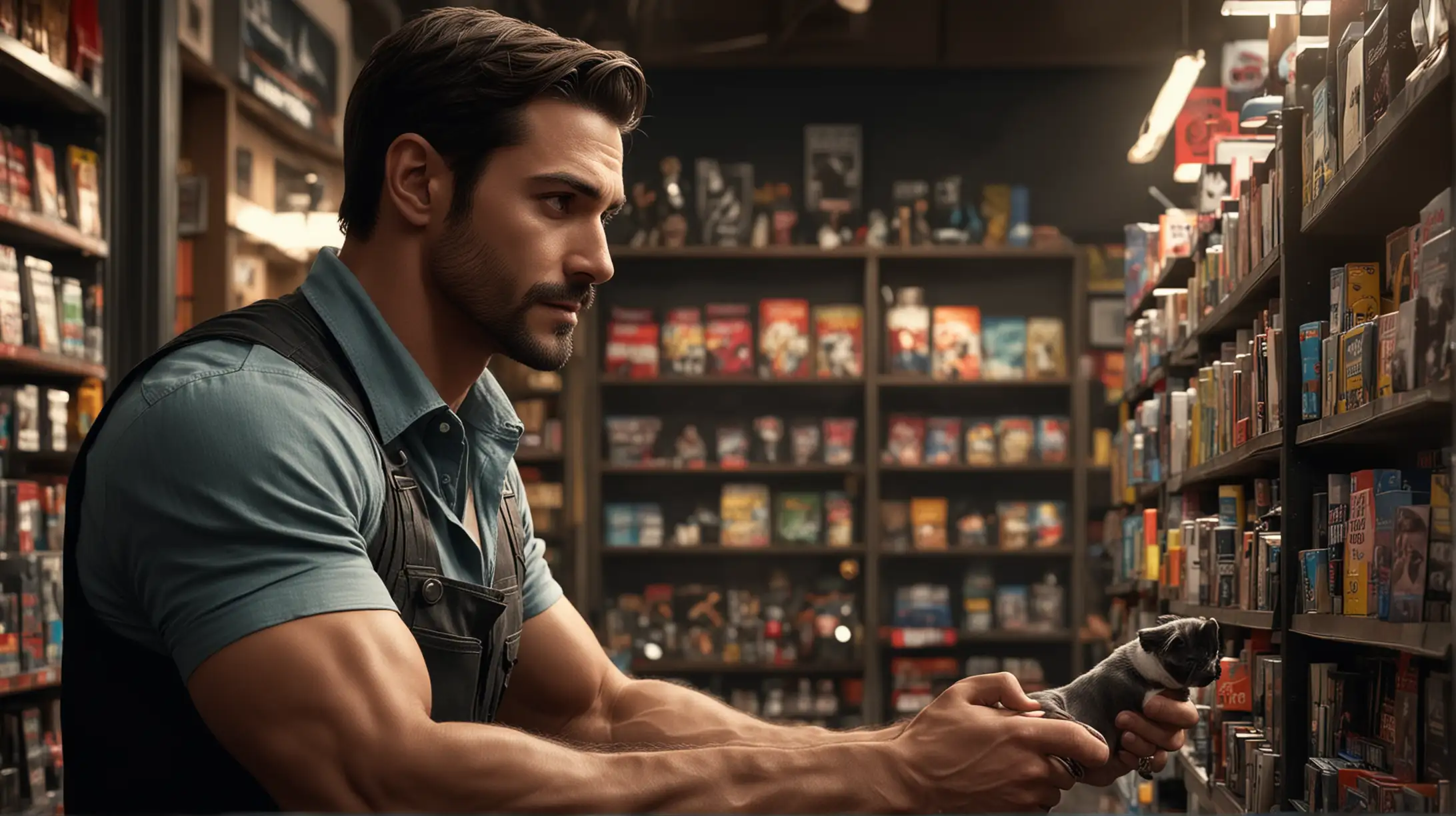 A attractive, good looking, muscular, pet store owner in his 30s, is talking to a 7 year old cute little boy. Create Spirited, mildly dark and colourful, atmospheric images inspired by noir video games. Use with Vision XL for best results.