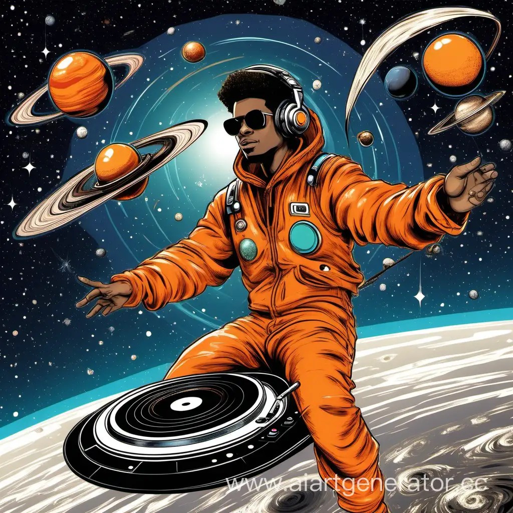 молодой мужчина в оранжевом комбинизоне диджей летает в космосе и крутит две пластинки в виде планет