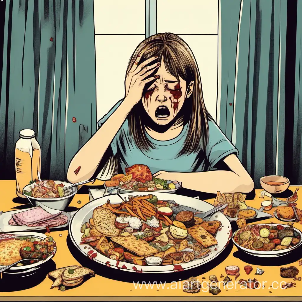 thr girl is addicted to food. she is sitting at the table, and there is a lot of half-eaten food around her, she cries, but still continues to shove food into herself
