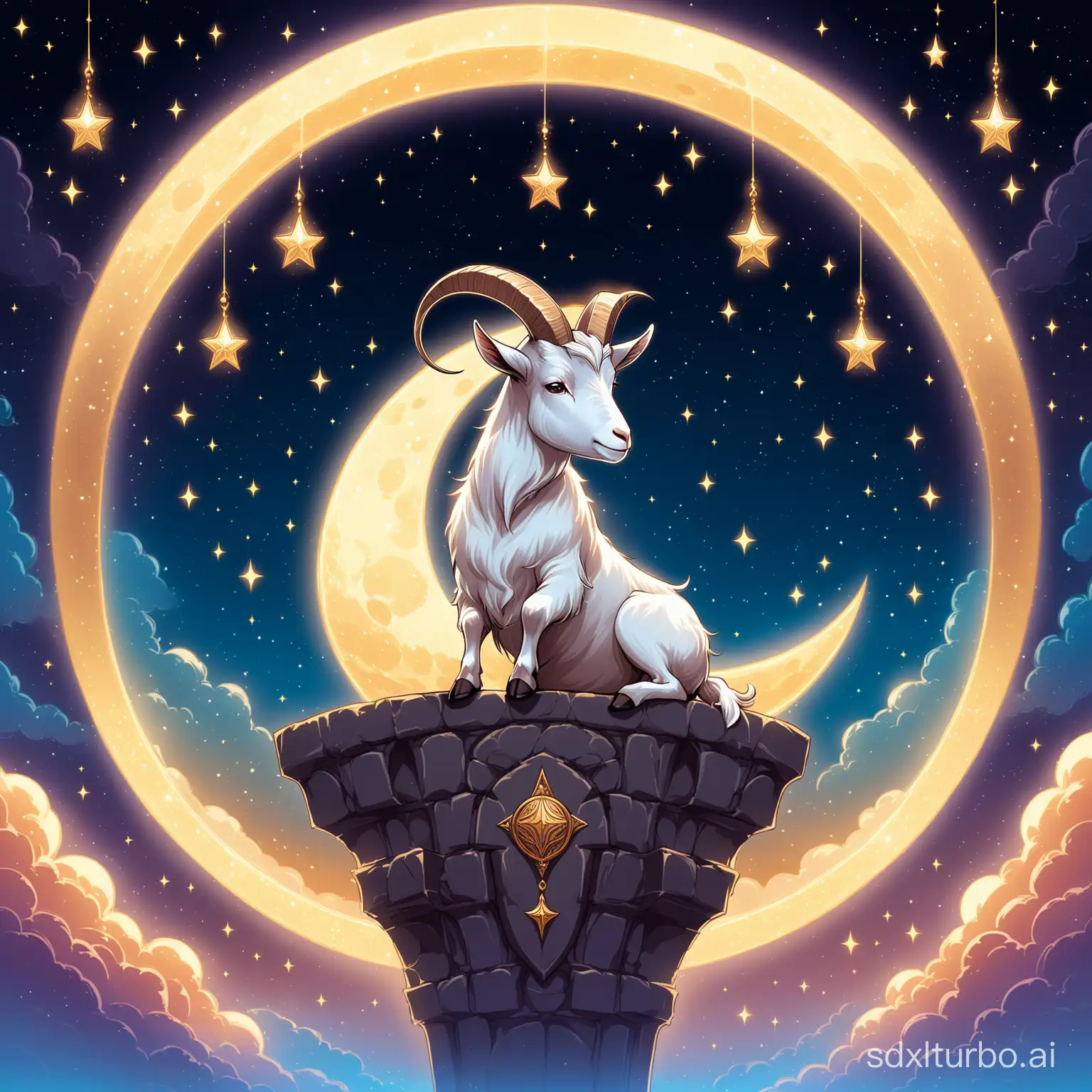 Chad male goat sitting inside the crest of the crescent moon, fantasy style