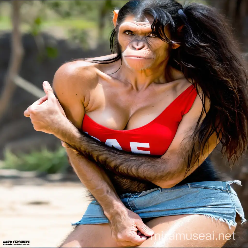 A very hairy woman transform to werechimpanzee showing the very hairy female body and sweaty hairy boobs and hairy chimpanzee faces and long hair