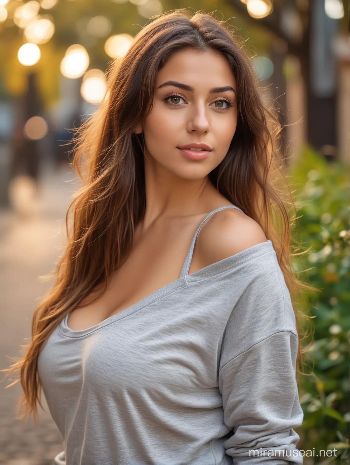 beautiful young woman, long hair over one shoulder, large perfect breasts, dreamy expression, sweatshirt unzipped, cleavage, no undershirt or bra, sexy pose, outdoors, bokeh background
