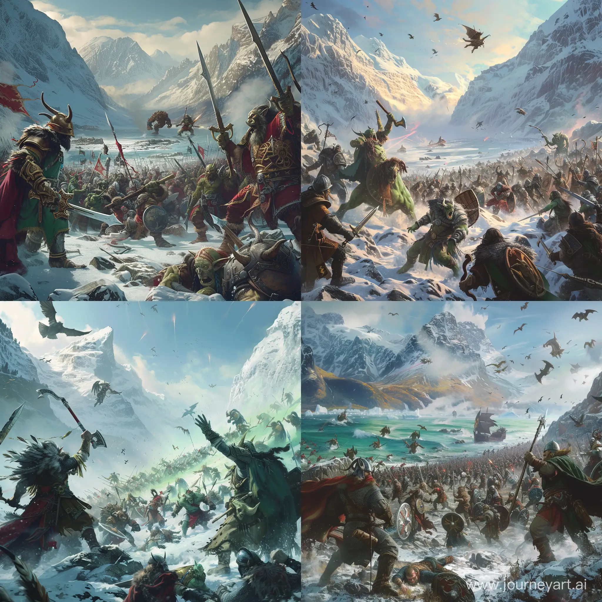 Epic battle in northen fiords bewteen elves and orcs, fantasy, 4k