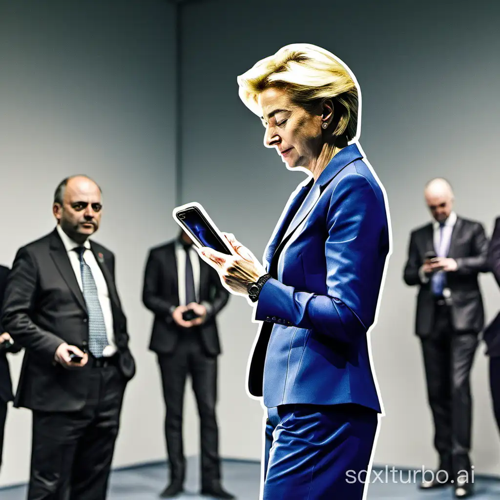 Ursula von der Leyen watches her smartphone, view from behind