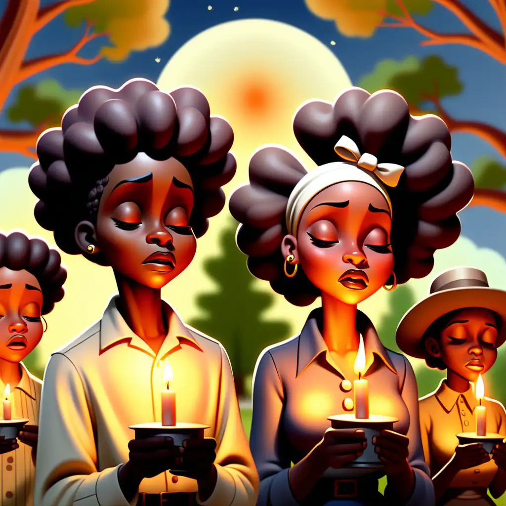 1900s cartoon-style African Americans with their eyes closed with lit candles in the park in New Mexico 