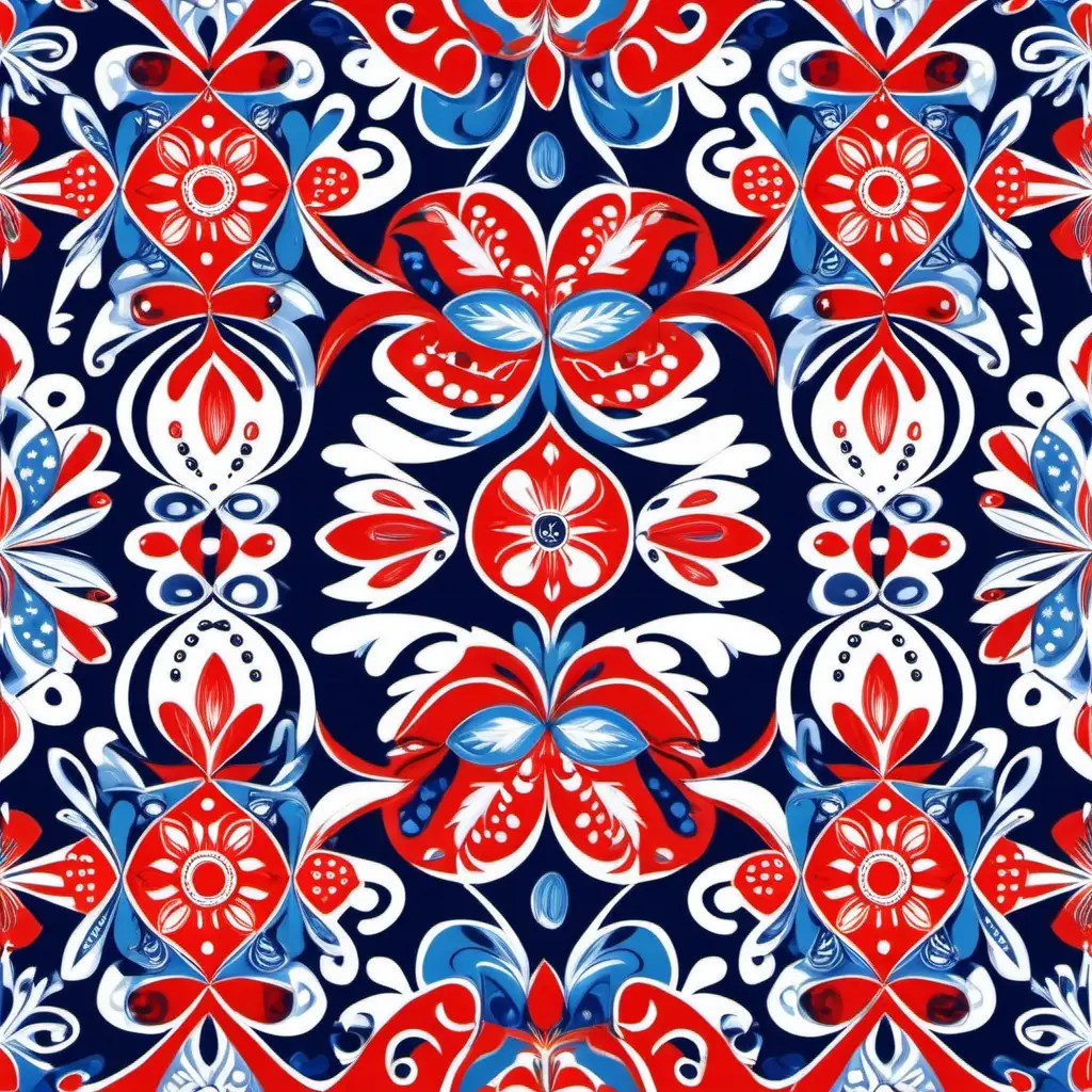 seamless pattern for women, colorful folklore , vibrant, elegant ,  ornaments are very far away from each other red, blue and white  colors