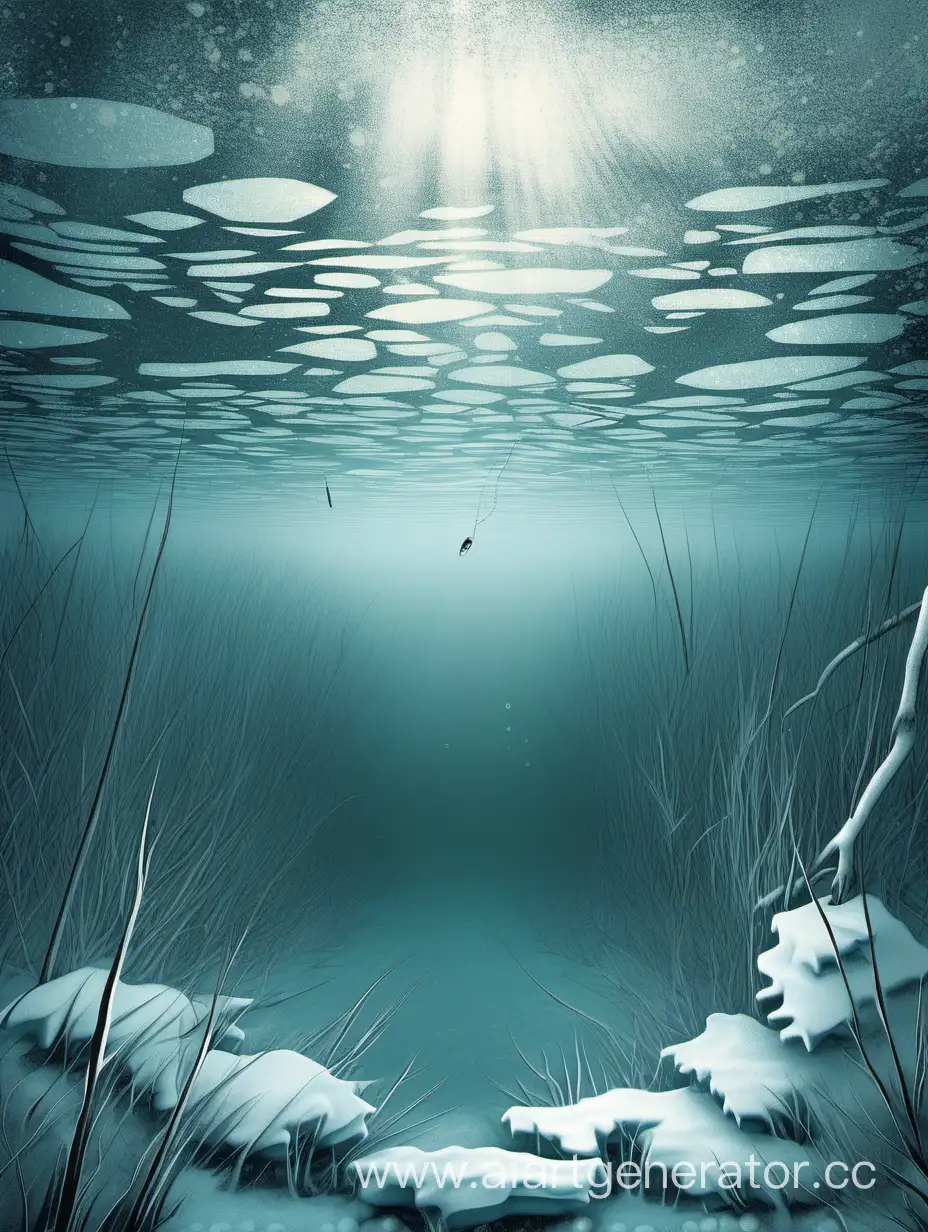 illustration of a frozen lake, underwater fishing, framing from under water