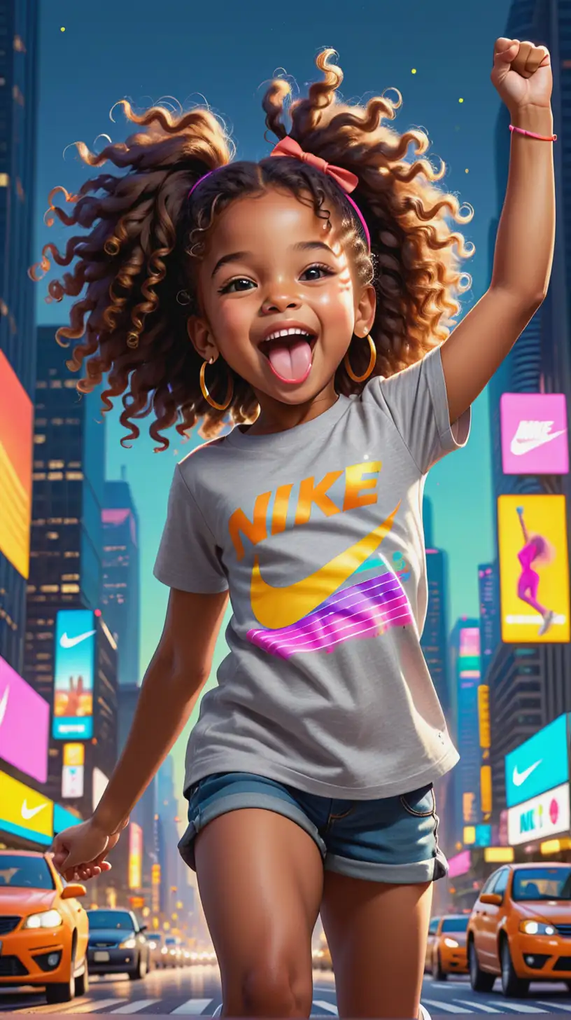 This is a vibrant and playful digital artwork of a young African American girl. She has a joyful expression on her face with her tongue out and is raising one arm in a celebratory gesture. Her large, curly hair is full and voluminous, framing her face beautifully. She is wearing a grey T-shirt, gold hoop earrings, and bright, colorful Nike sneakers. The background depicts a dynamic cityscape with skyscrapers and a burst of neon lights, giving the impression of energy and excitement. The overall feel of the image is cheerful and exuberant.