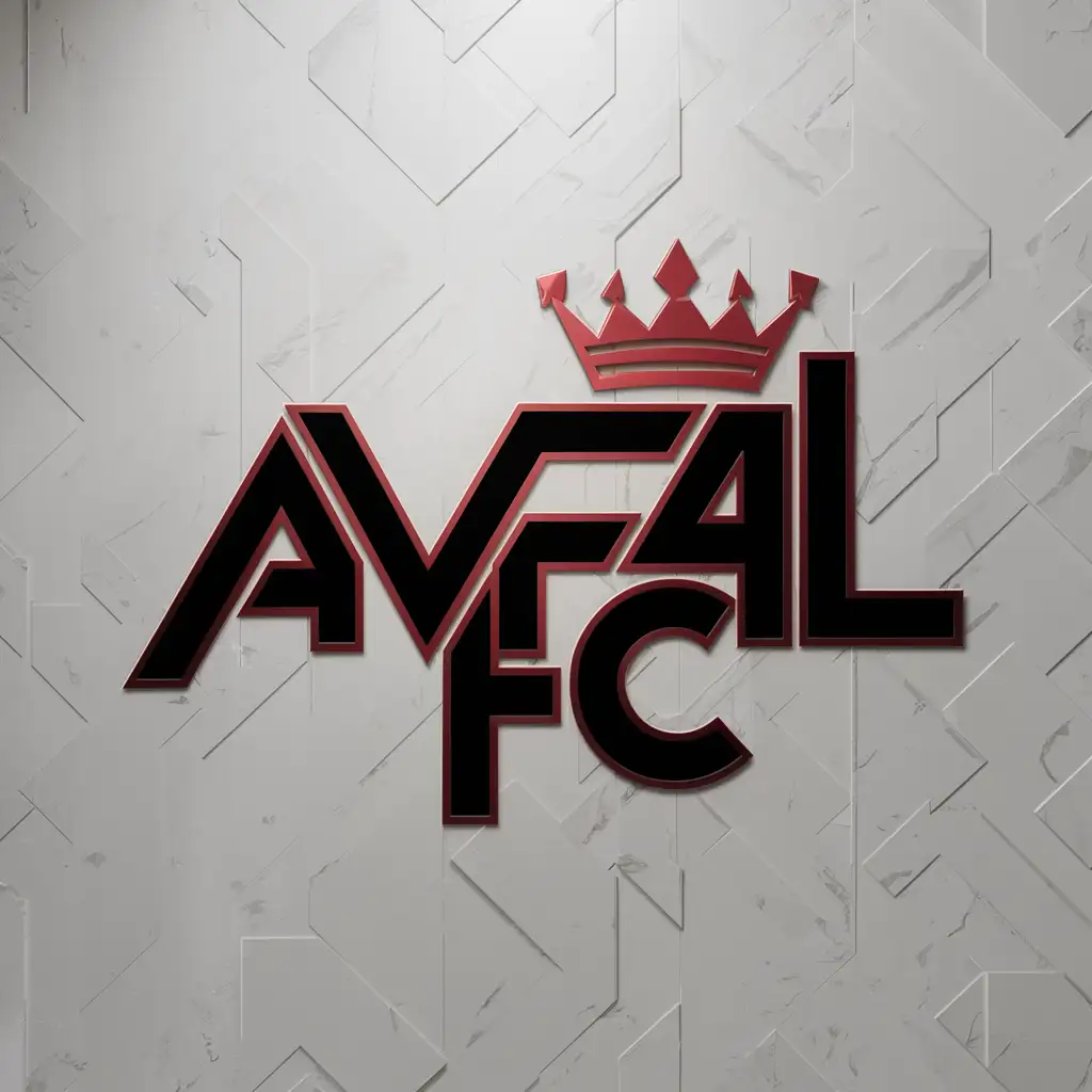 Create a "AVFAL FC" soccer logo, only using black and red
with a white background, add a crown on top of the
logo.
