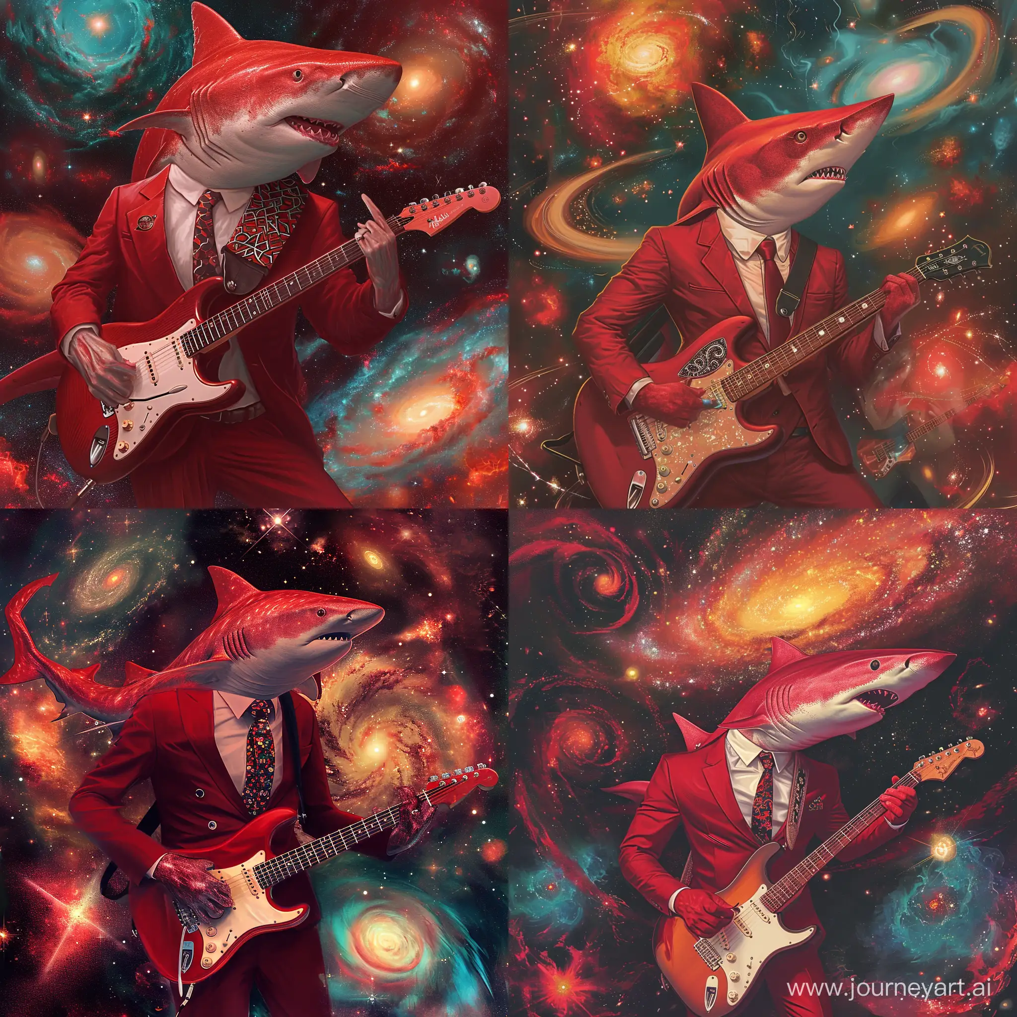 Professional-Red-Shark-Playing-Electric-Guitar-in-Cosmic-Ambiance