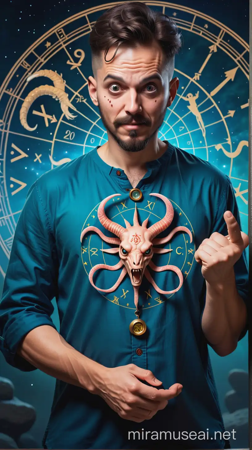 A crazy and frightening man with a zodiac sign in his hand