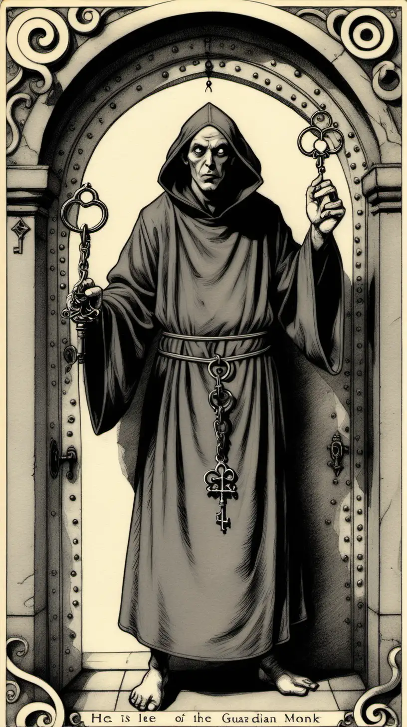 imagine a fine  line-drawn occult card, showing an evil monk, he is the guardian of mystical door keys