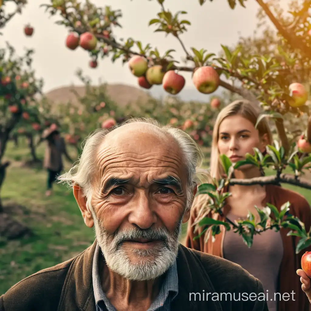 old wise man under apple tree with a young women
