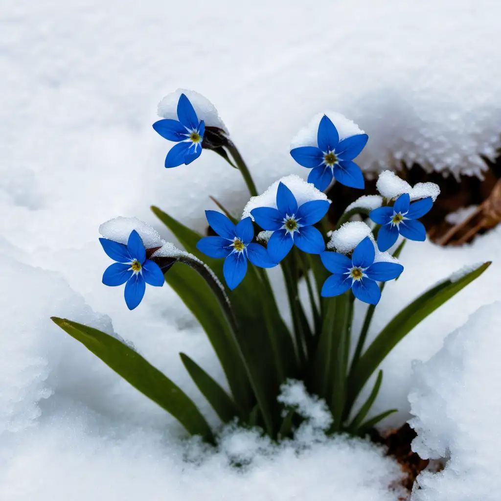 Vibrant Blue Spring Flowers Blossoming Amidst Snowy Landscape