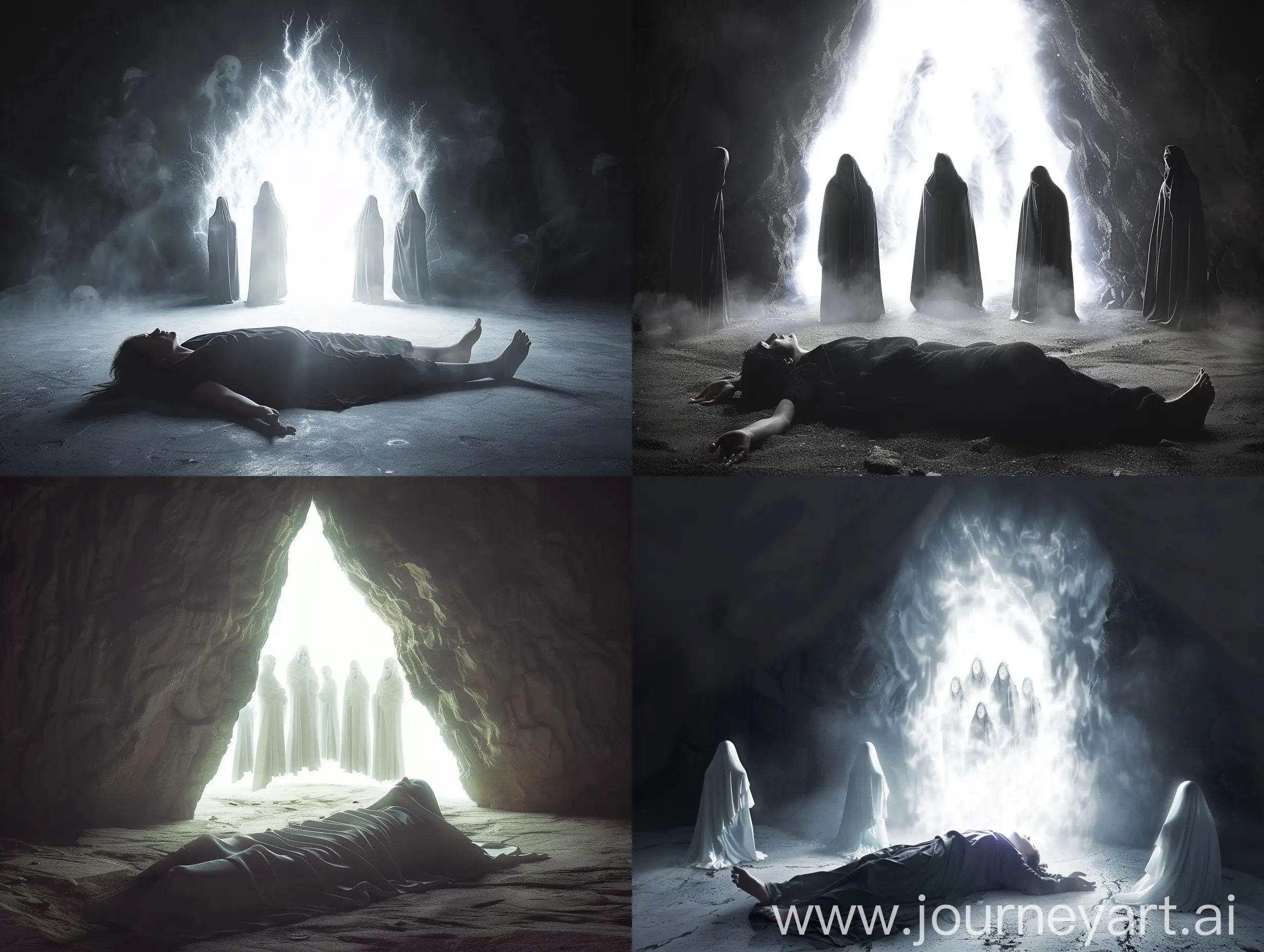 crea una fotografía realista de una persona acostada en un espacio oscuro y frente a ella un portal de luz blanca donde aparecen 5 seres con capas