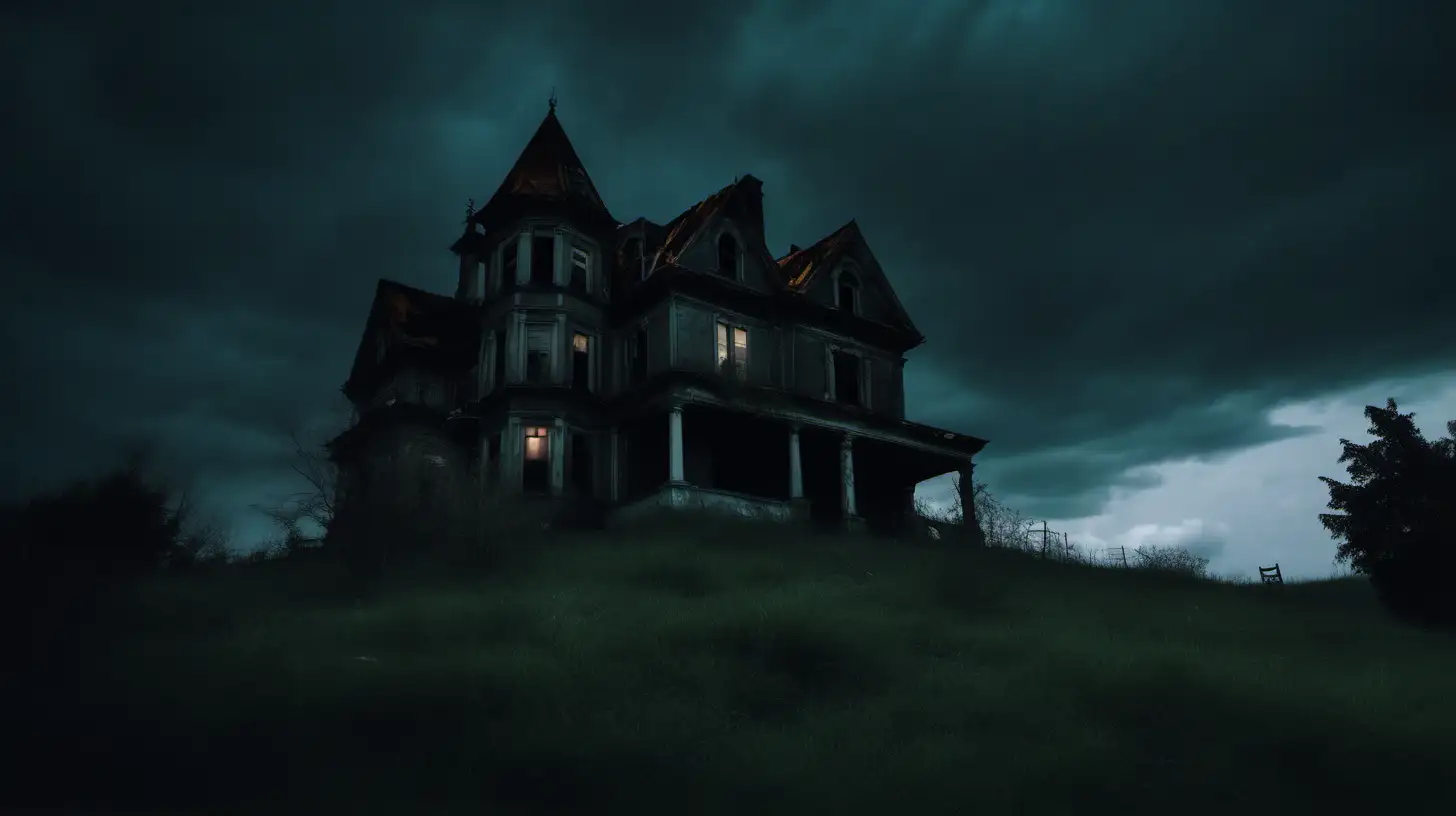 An abandoned haunted house on a hill at night, dark cloudy sky, cinematic lighting, photographic quality.