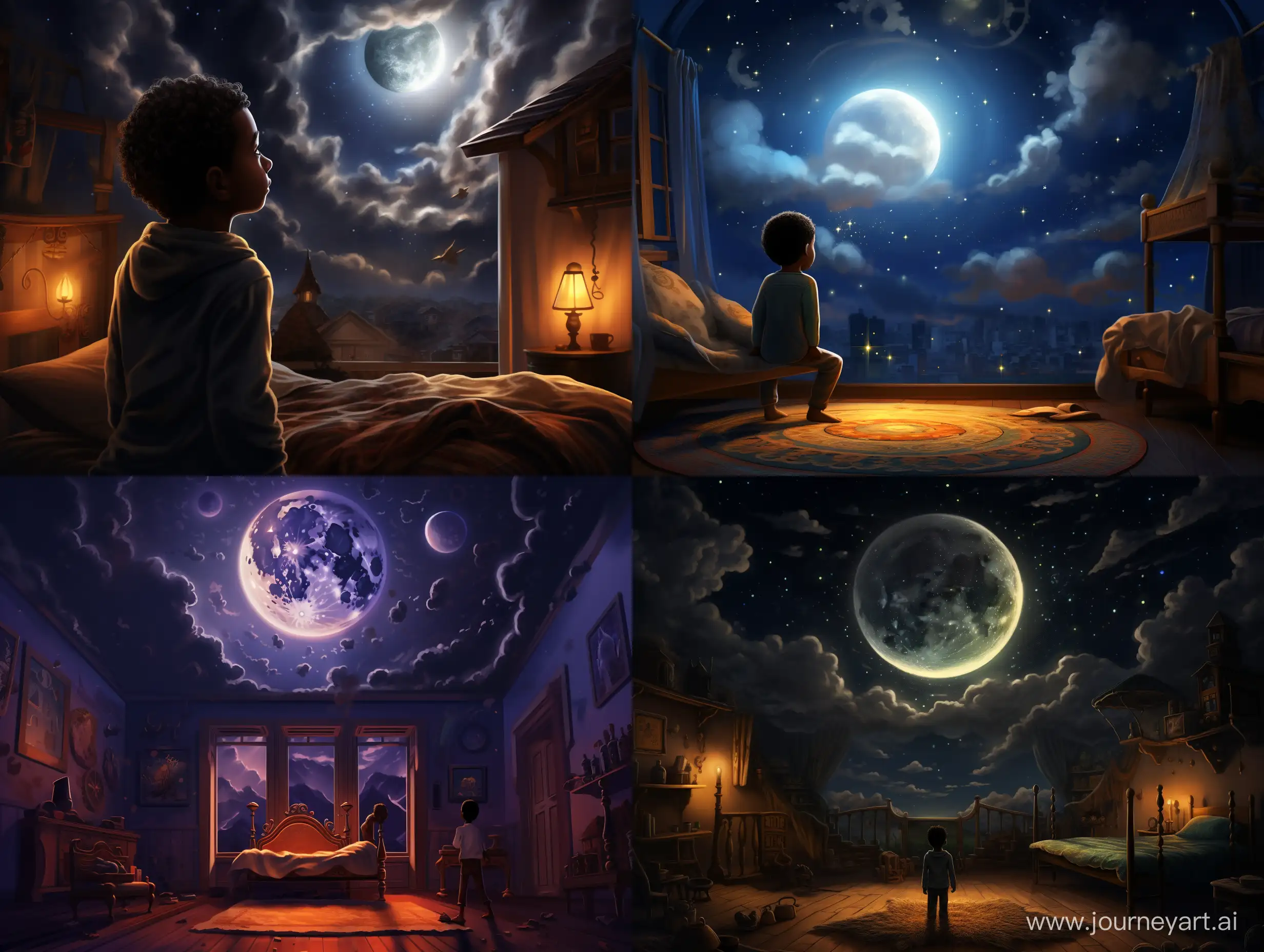 Illustration like a fairytale of a negro boy in his small poor room in Arabian palace , it is night, moonlight, and  small white cloud is in his room, Arabian atmosphere 