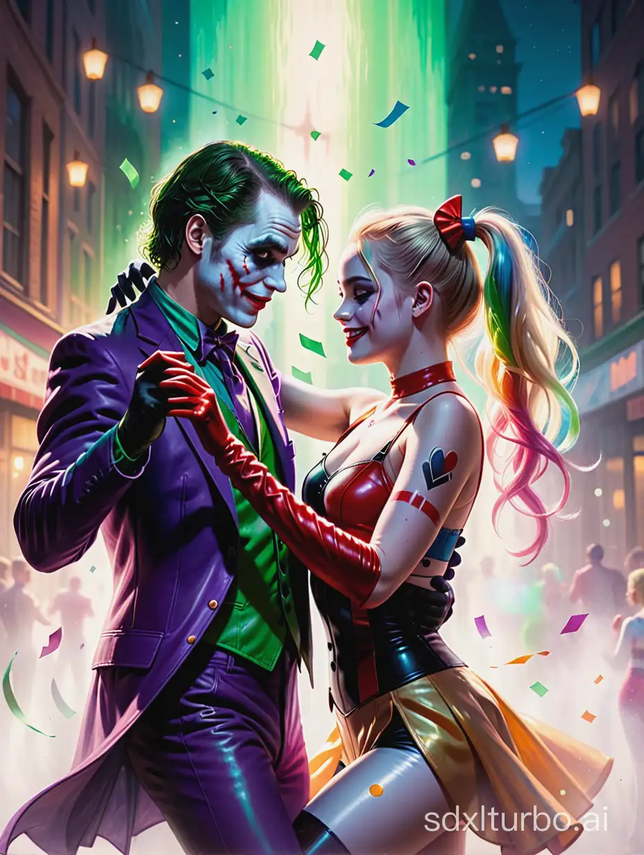 A detailed painting capturing the dance of Joker and Harley Quinn, reflecting off each other's auras in an ethereal glow, as if coming to life before your eyes