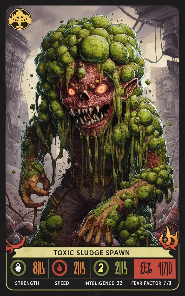 "Anime Zombie Apocalypse trading card featuring 'Toxic Sludge Spawn' with stats like Strength: 8/10, Speed: 2/10, Intelligence: 2/10, Fear Factor: 6/10. Toxic Sludge Spawn is a vile abomination, its body composed of bubbling, corrosive slime. It oozes through narrow passages and tight spaces, seeping into every crevice and contaminating everything it touches. Premium 14PT card stock, artwork by Mike 'Nemo' Anderson, UHD visuals, chaos theme, marketed by 'Zombie Apocalypse Network.'"