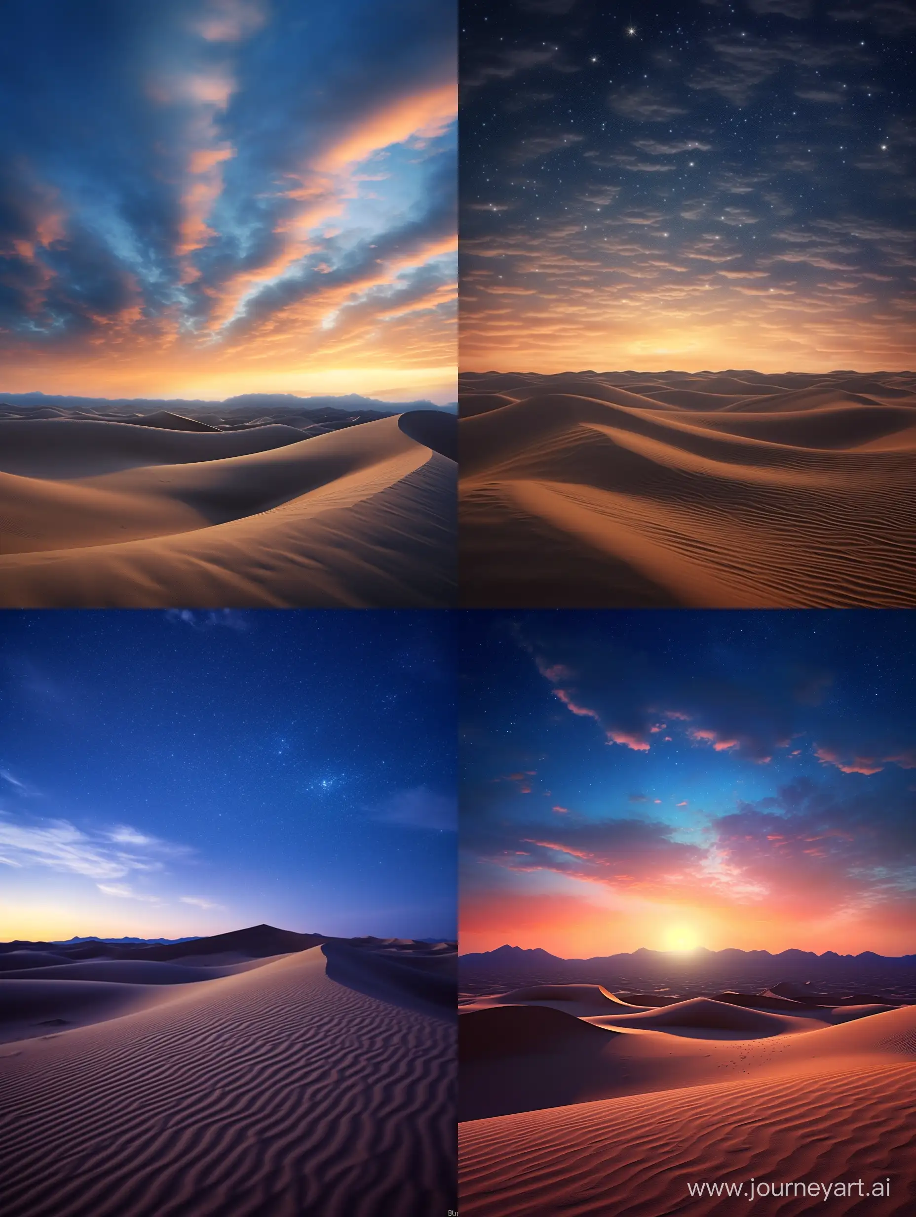 Envision a desert at twilight, where sand dunes transform into golden waves beneath a sky ablaze with constellations.