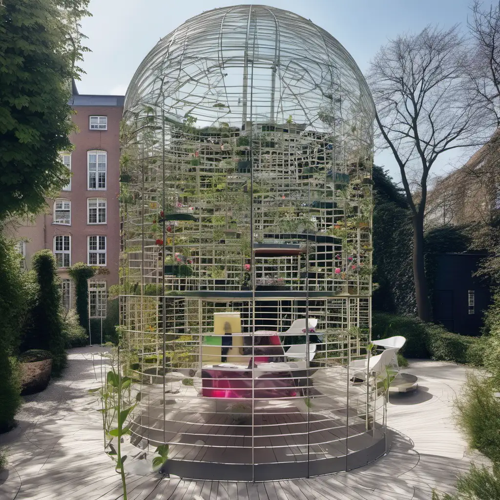 In this garden. Imagine a garden folly in de style of MVRDV architects,On top of the building. To live in for two people, It's a sunny day.