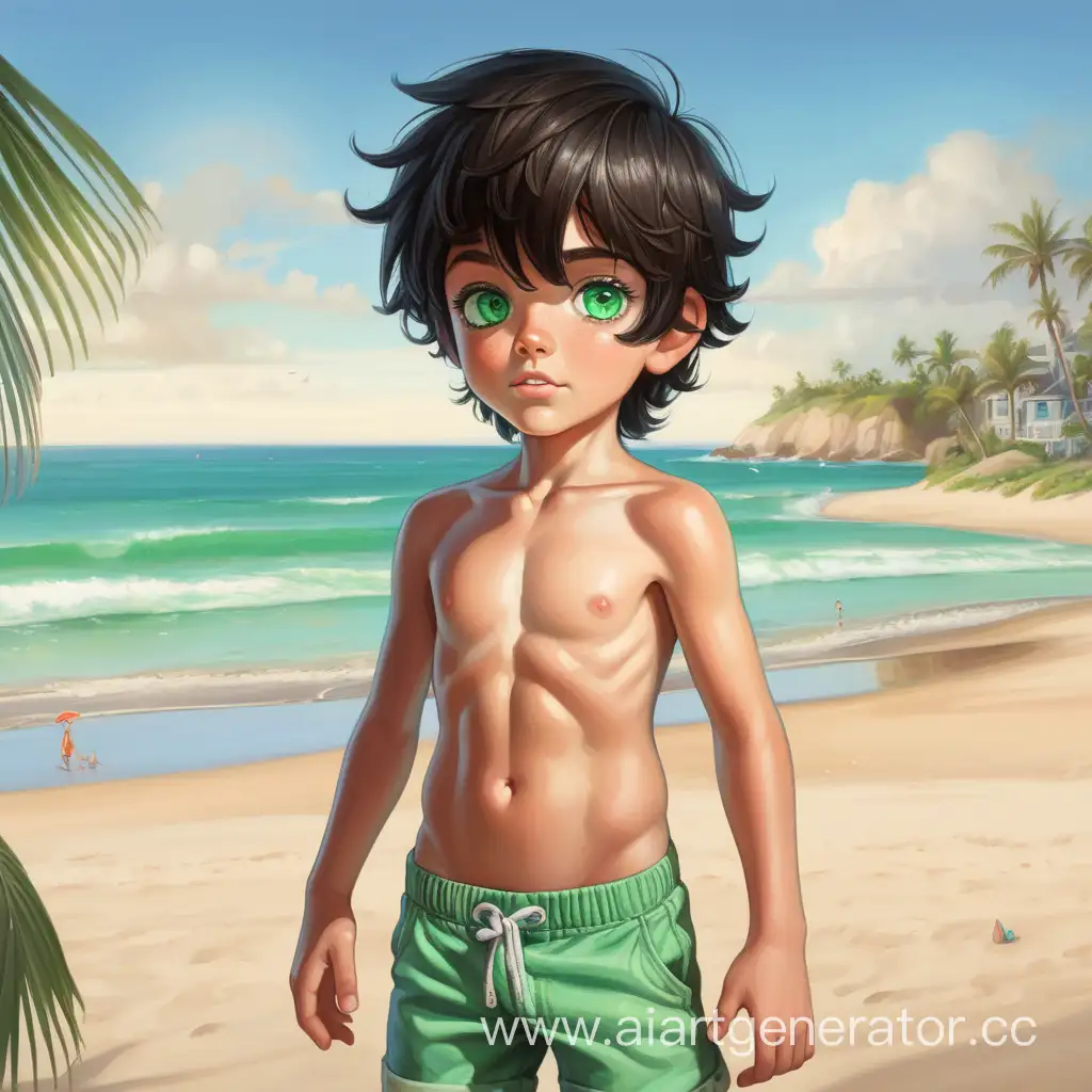 маленький мальчик с зелеными глазами и темными волосами на пляже