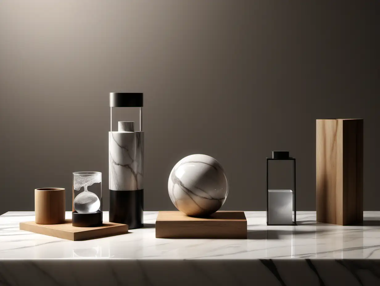 Minimalist Still Life with Marble Metal and Wood Elements